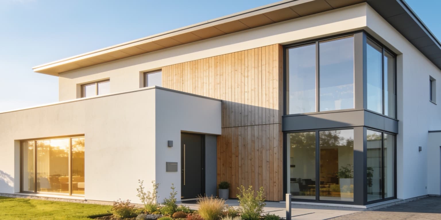 Modernes Einfamilienhaus mit großen Fensterfronten im warmen Tageslicht
