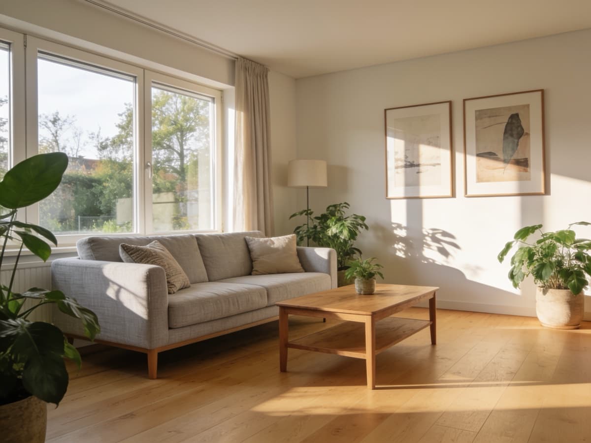 Helles, einladend eingerichtetes Wohnzimmer eines verkaufsbereiten Hauses