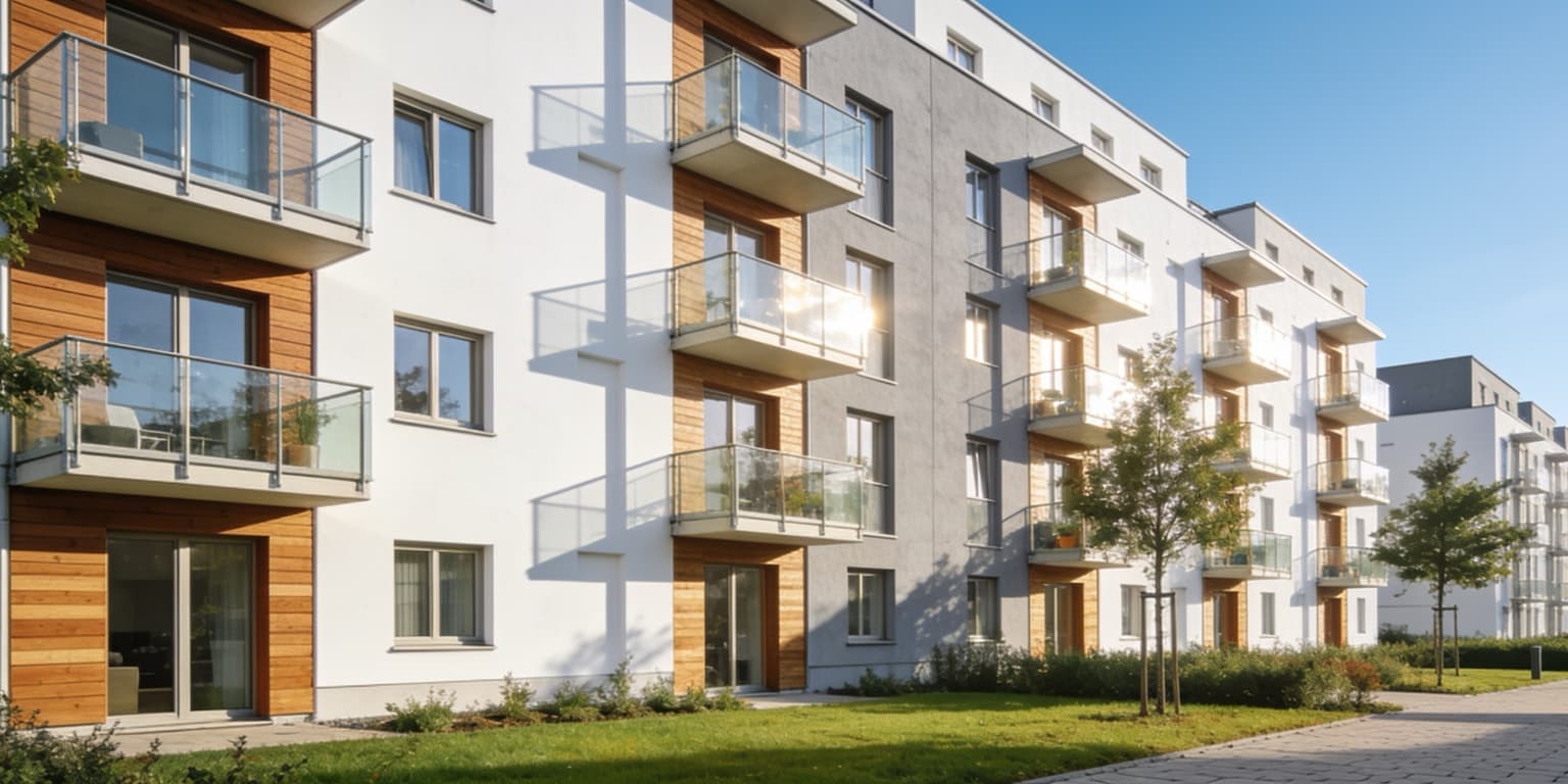 Modernes Mehrfamilienhaus mit Balkonen im warmen Tageslicht